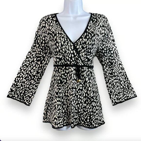 Michael Kors 100% cotton leopard cheetah wrap surplice babydoll knit sweater top - Picture 1 of 10